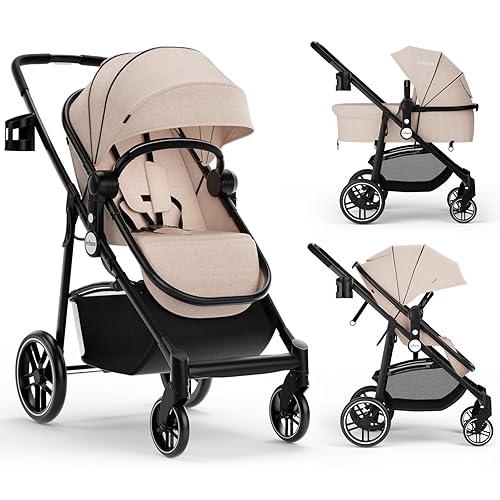 INFANS 2 in 1 Baby Stroller, High Landscape Infant Stroller & Reversible Bassinet Pram, Foldable Pushchair with Adjustable Canopy, Cup Holder, Storage Basket, Suspension Wheels (Grey) - Jamouz