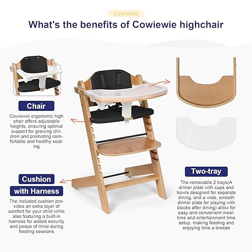 Cowiewie 3-in-1 Convertible Natural Wooden High Chair for Babies & Toddlers 3-Tier Remove & 2 Adjustable Wood Tray & 8 Levels Adjustable, 2 Waterproof Cozy Cushions Grey - Jamouz