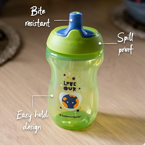 Tommee Tippee Sportee Water Bottle for Toddlers, 12 months+, 10oz, Spill-Proof Sippy Cup, Easy to Hold, Bite Resistant Spout, Pack of 3, Pink, Green and Orange - Jamouz