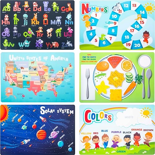 Hapinest 6 Pack Reusable Non Slip Educational Placemats for Kids & Toddlers, Learning Mat Alphabet Numbers US Map Placemats, Kids Placemats for Dining Table School, Wipeable Washable Plastic Placemat - Jamouz