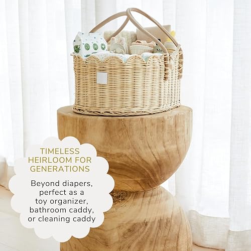 Premium Baby Diaper Caddy Organizer - Handmade & Award-Winning Scalloped Rattan Basket - Luxury Diaper Caddy Basket - Elegant Scalloped Edge (Natural) - Jamouz