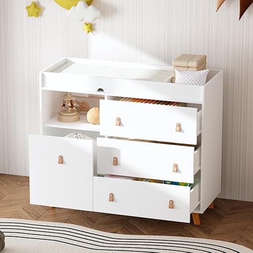 Baby Dresser with Changing Table Top, 4 Drawers Nursery Dresser with Removable Guard, Infant Diaper Changing Station Baby Cloth Organizer for Nursery and Kids Bedroom, White - 44.9' W - Jamouz