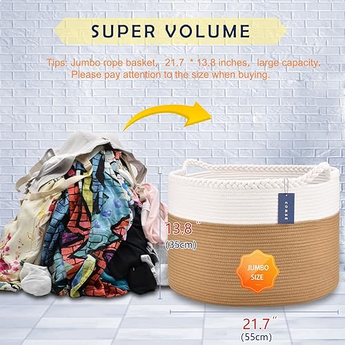 COMSE Extra Large Blanket Basket, Storage Basket, Laundry Basket, 21.7”x 13.8”, Laundry Hamper, Cotton Rope Basket, Blanket Basket Living Room, Toy Basket (White & Cadet Blue & Navy Blue) - Jamouz
