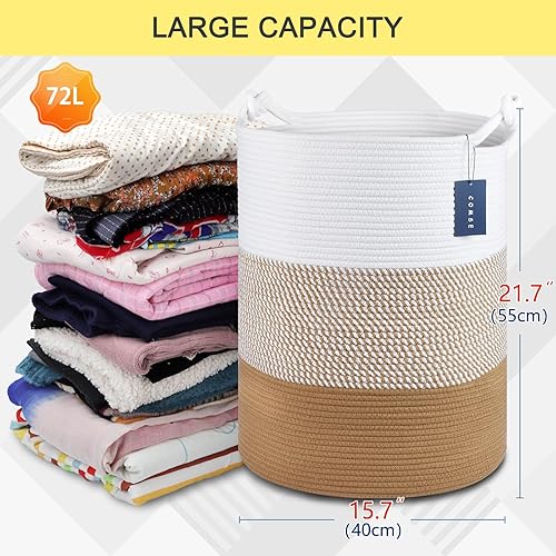 COMSE Extra Large Blanket Basket, High Storage Basket, Tall Rope Laundry Basket, 15.7”x 21.7”, Cotton Rope Basket, XXXL Laundry Basket, Toy Basket, Clothes Baskets,White/Cadet Blue/Navy Blue - Jamouz