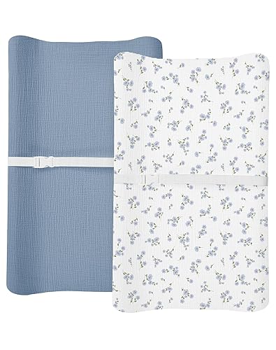 Changing Pad Cover for Baby Boy Girl 2 Pack, Muslin Changing Table Pad Covers with Boho Style, Neutral Nursery Bedding Essentials Soft and Breathable(Dusty Rose & Flower-A) - Jamouz