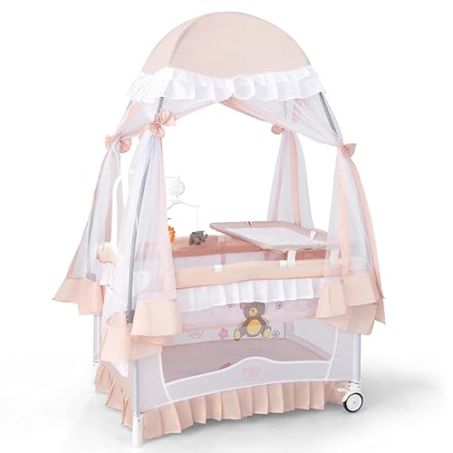 BABY JOY 4 in 1 Pack and Play with Canopy, Portable Baby Playard with Bassinet, Double-Layer Baby Crib, Wheels & Brake, Foldable Baby Girl Pink Bassinet from Newborn to Toddler - Jamouz