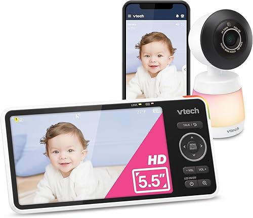 VTech Smart WiFi Baby Monitor, 2K Camera, 5.5-inch HD IPS Screen, Crystal Clear Infrared Night Vision, Pan-Tilt, 24x Zoom, 2-Way Talk, Multi-color Night Light, Soothing Sounds, Free App: Smart HD Plus - Jamouz