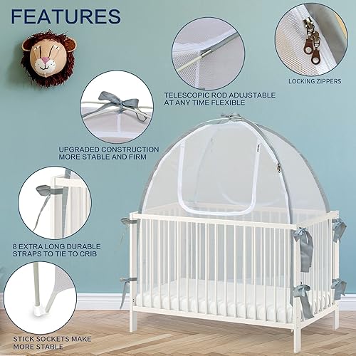 Baby Crib Tent Safety Net, Durable Strong Self-Locking Zippers, Protects from Climbing Out and, Insects, Mosquitoes, Installs with Rods (Crib 52.25' - 28.25') - Jamouz