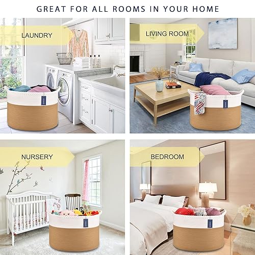 COMSE Extra Large Blanket Basket, Storage Basket, Laundry Basket, 21.7”x 13.8”, Laundry Hamper, Cotton Rope Basket, Blanket Basket Living Room, Toy Basket (White & Cadet Blue & Navy Blue) - Jamouz