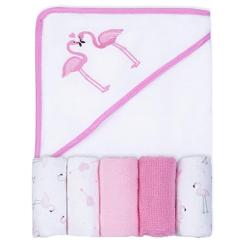 Viviland Baby Towels and Washcloths, Soft Absorbent Pink Baby Bath Towel Set, Elephant Hooded Towels with 5 Infant Face Washcloths (6 Pieces) - Jamouz