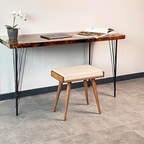 Walnut Ottoman Stool for Living Room | Upholstered in Crowbar Pattern Fabric | Versatile as a Piano Bench | Ideal Bedroom Bench | Functional Footstool Bench - Jamouz