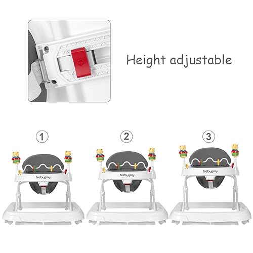 BABY JOY Baby Walker, Foldable Activity Walker Helper with Adjustable Height, Baby Activity Walker with High Back Padded Seat & Bear Toys (Gray, Star Pattern) - Jamouz