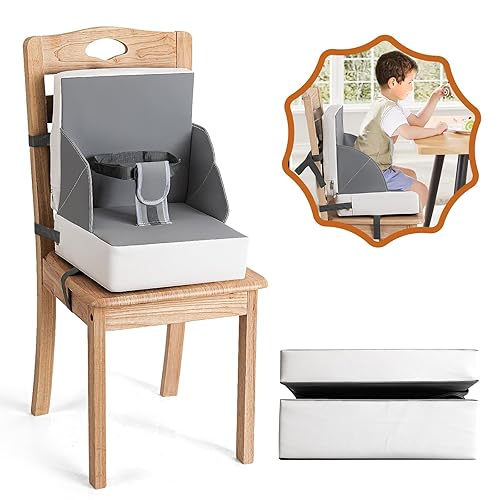 Portable PU Booster Seat for Kitchen Chair, Toddler Booster Seat for Dining Table with Adjustable Straps, Compact Fold for Travel, Safety Buckles, Gray - Jamouz