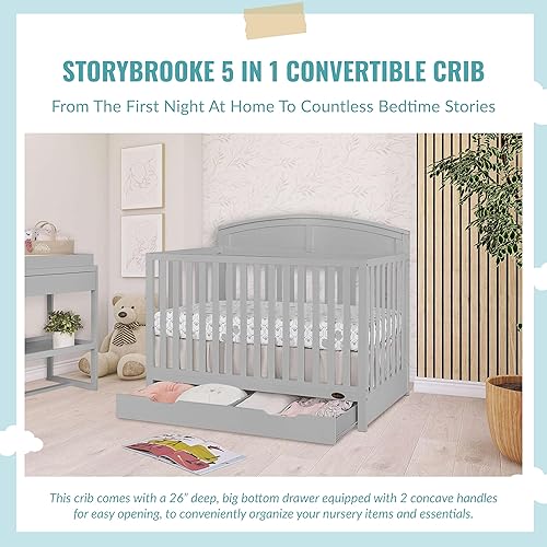 Storybrooke 5 in 1 Convertible Crib with Under Drawer in Pebble Grey, JPMA & Greenguard Gold Certified, Made of Sustainable Pinewood, Non-Toxic Water-Based Paint Finish - Jamouz