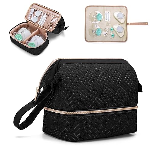 Fasrom Wearable Breast Pump Bag Compatible with Elvie Pumps, Double Layer Pump Carrying Case with Waterproof Mat and Insulated Pockets for Working Moms, Black (Bag Only, Patent Pending) - Jamouz
