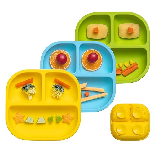 BABELIO Powerful Suction Plates for Baby and Toddler, 100% Food Grand Silicone, Divided, BPA Free, Microwave & Dishwasher Safe, Stay Put, 3 Pack - Jamouz
