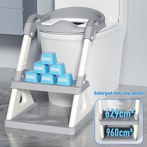 Potty Training Toilet Seat with Step Stool Ladder, Detachable Triangular Stabilized Base 2-IN-1 Toddler Toilet Seat with Splash Guard, Anti-Slip Pad, and Step Stool (Elegant Grey) - Jamouz