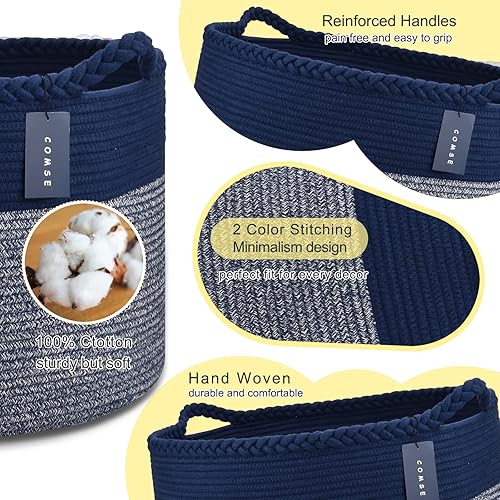 COMSE Extra Large Blanket Basket, Storage Basket, Laundry Basket, 21.7”x 13.8”, Laundry Hamper, Cotton Rope Basket, Blanket Basket Living Room, Toy Basket (White & Cadet Blue & Navy Blue) - Jamouz