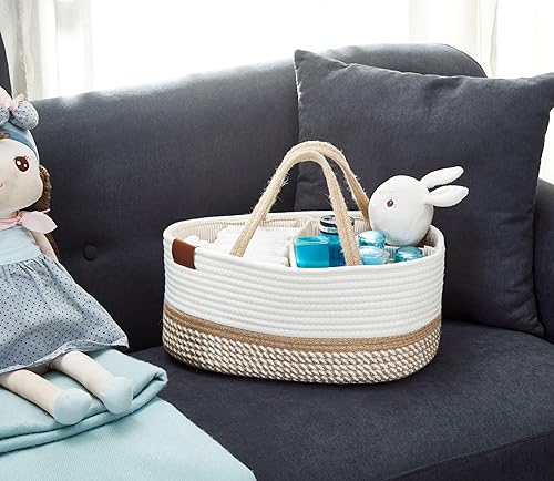 DECOMOMO Diaper Caddy Organizer, Nappy Caddy, Woven Baby Basket (Spiral Beige & White, Large) - Jamouz