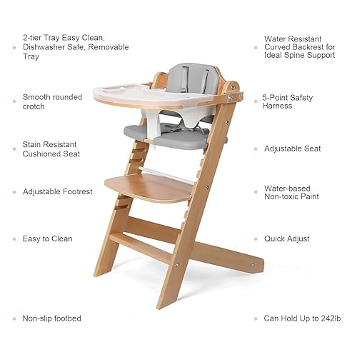 Cowiewie 3-in-1 Convertible Natural Wooden High Chair for Babies & Toddlers 3-Tier Remove & 2 Adjustable Wood Tray & 8 Levels Adjustable, 2 Waterproof Cozy Cushions Grey - Jamouz