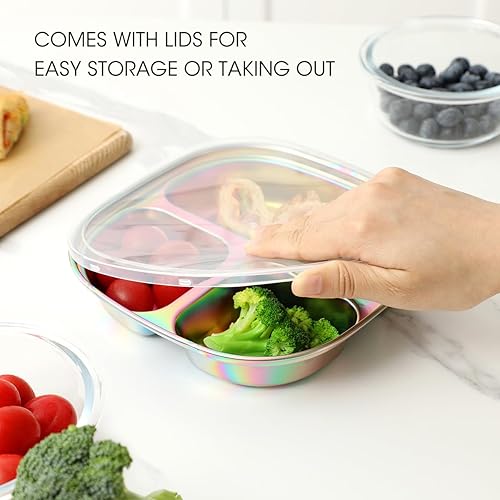 AIEVE Stainless Steel Kids Plates, Pack of 4 Stainless Steel Divided Toddler Plate with Lids - Jamouz