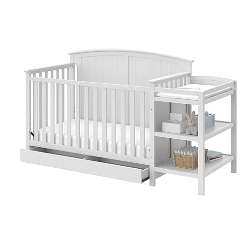 Storkcraft Steveston 5-in-1 Convertible Crib and Changer with Drawer (White) – GREENGUARD Gold Certified, Crib and Changing -Table Combo with Drawer, Converts to Toddler Bed, Daybed and Full-Size Bed - Jamouz
