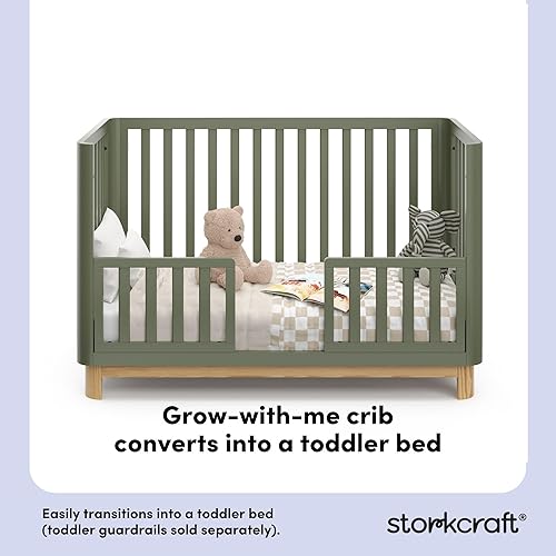 Storkcraft Santos 3-in-1 Convertible Crib (White with Natural) – GREENGUARD Gold Certified, Fits Standard Crib Mattress, Converts to Toddler Bed, Modern Style, Rounded Designer Details - Jamouz