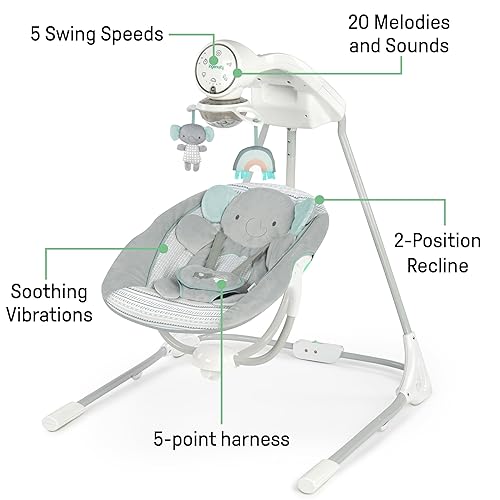 Ingenuity InLighten 5-Speed Baby Swing - Swivel Infant Seat, 5 Point Safety Harness, Nature Sounds, Lights - Nally Owl - Jamouz