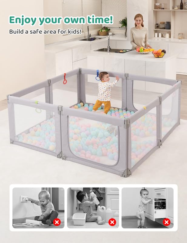 Kidirect Foldable Baby Playpen, 71'×69' Playpen for Babies and Toddlers, Large Baby Playpen with Safety Gate, Baby Fence with Breathable Mesh, Adjustable Portable Baby Play Yards Indoor Outdoor, Grey - Jamouz