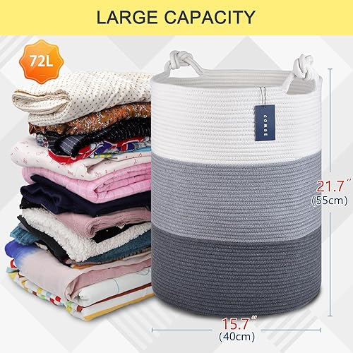 COMSE Extra Large Blanket Basket, High Storage Basket, Tall Rope Laundry Basket, 15.7”x 21.7”, Cotton Rope Basket, XXXL Laundry Basket, Toy Basket, Clothes Baskets,White/Cadet Blue/Navy Blue - Jamouz