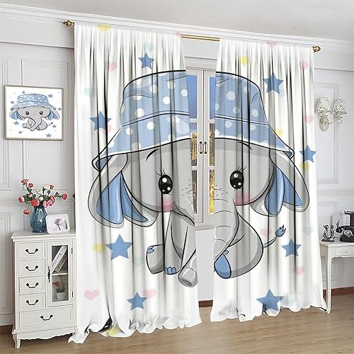 Cartoon Cute Elephant Curtain Nursery Baby Elephant with Blue Hat Windows Drapes for Nursery Room Kids Room Gifts for Boys and Girls Rod Pocket 2 Panels 63L x 36W - Jamouz