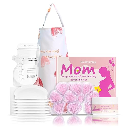 Breastfeeding Essentials Kit for Nursing Moms - Nursing Pads, Nursing Cover, Nipple Cream 50g, Breastmilk Storage Bag, Hot and Cold Breast Therapy Packs, 55 Piece Gift Set - Jamouz