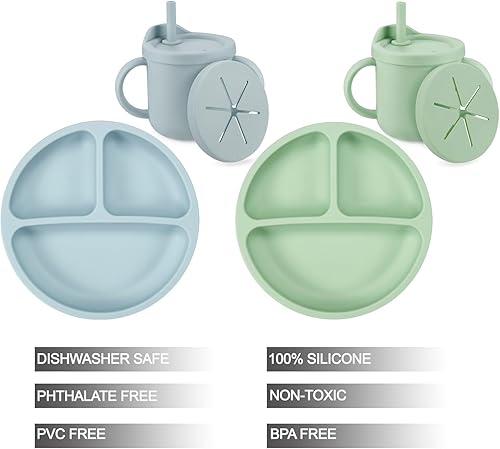 PandaEar Silicone Baby Feeding Set| 2 Pack Silicone Divided Suction Plate and 2 Pack Tiny Cup with 2 Spoons 2 Forks| Baby Led Weaning Supplies Self Feeding Eating Utensils (Light Blue/Light Green) - Jamouz