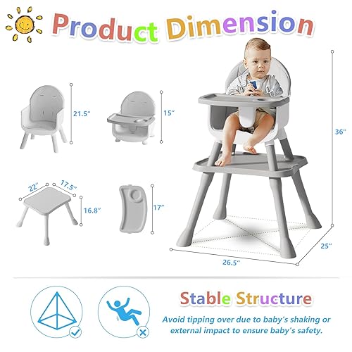 6 in 1 Baby High Chair for Babies and Toddlers, Booster Seat, Kids Learning Table & Chair (Grey) - Jamouz