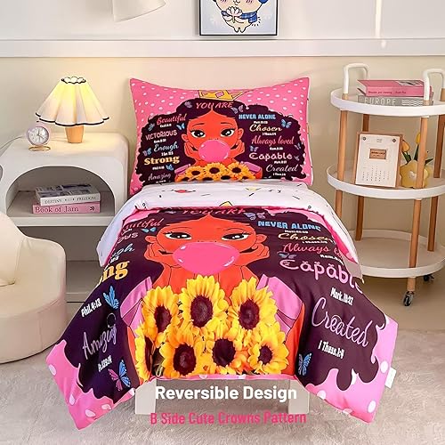 4 Piece Toddler Bedding Set for Girls,Toddler Black Girl Magic Comforter Set,Black Princess Toddler Bed Comforter Set Includes Comforter, Flat Sheet,Fitted Sheet,Pillowcase - Jamouz