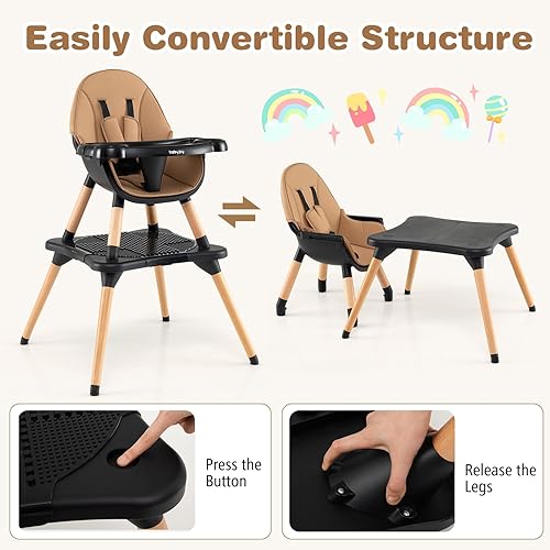 BABY JOY 5 in 1 High Chair, Convertible High Chairs for Babies and Toddlers/Booster Seat/Table and Chair Set, Infant Wooden Highchair w/ 5-Point Harness, 4-Position Removable Tray & PU Cushion, Coffee - Jamouz