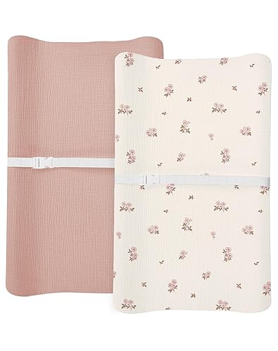 Changing Pad Cover for Baby Boy Girl 2 Pack, Muslin Changing Table Pad Covers with Boho Style, Neutral Nursery Bedding Essentials Soft and Breathable(Dusty Rose & Flower-A) - Jamouz