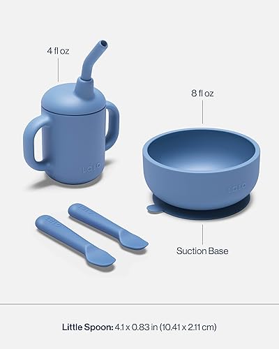 Lalo First Bites Silicone Baby Feeding Set - Baby Led Weaning Supplies - Non-Toxic Silicone - Includes 2 Bibs, 2 Spoons, Training Cup, Suction Plate and Bowl - 6 Pieces - Sage - Jamouz