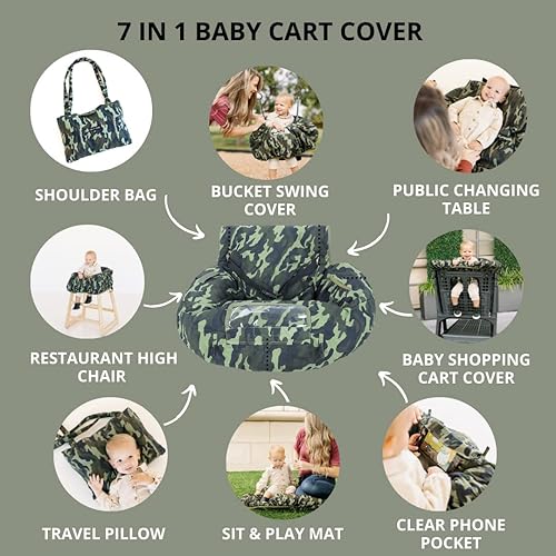 Shopping Cart Cover for Baby - High Chair Cover for Restaurant 7 in 1 Fold & Carry Cotton Padded, Grocery Cart Cover for Toddler - Infant Cart Hammock w/Phone Pocket Machine Washable (Camouflage) - Jamouz