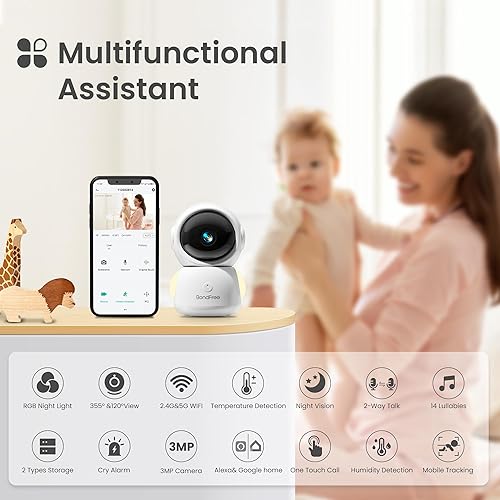 BondFree Baby Monitor with Camera and Audio 2K, RGB Night Light, Baby Monitor WiFi Smartphone 2.4Ghz 5Ghz for Nursery, Scan Code Bluetooth Connection, 355° Rotation, Compatible with Alexa Google Home - Jamouz