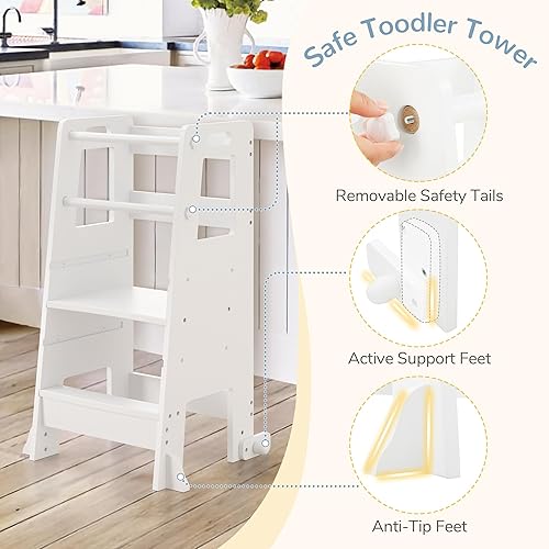 Toddler Kitchen Step Stool Helper with Safety Rails, Adjustable Height Toddler Standing Tower for Bathroom, Kitchen Counter, Bedroom (White) - Jamouz