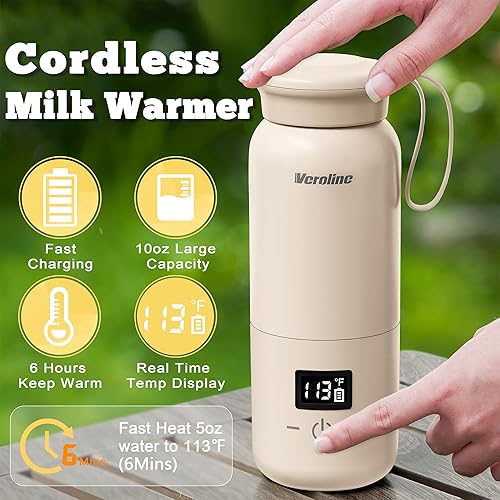 Portable Bottle Warmer for Travel, 10 Oz Baby Bottle Warmer with Adjustable Temp & Keep Warm for Formula, Breastmilk, Super Fast Charging & Cordless Milk Warmer, Rechargeable Water Warmer - Jamouz