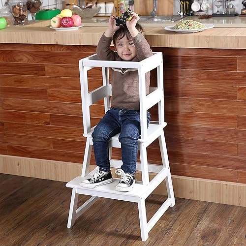 SDADI Kids Kitchen Step Stool Holds up to 150 Pounds with Safety Rail, White - Jamouz