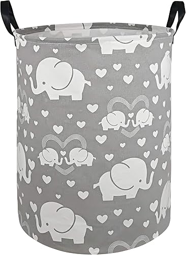 Round Elephant Pattern Laundry Hamper Storage Basket Organizer Hamper Storage Bins for Clothes Toys Box Nursery Hamper Gift Basket with Handles - Jamouz
