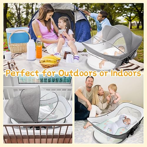 Portable Baby Travel Bassinet: Sturdy & Foldable Baby Bassinets with Storage Bag for Indoor & Outdoor - Baby Bed with 2-1 Mosquito Net & Sunshade Canopy Washable for Infant Newborn Gray - Jamouz