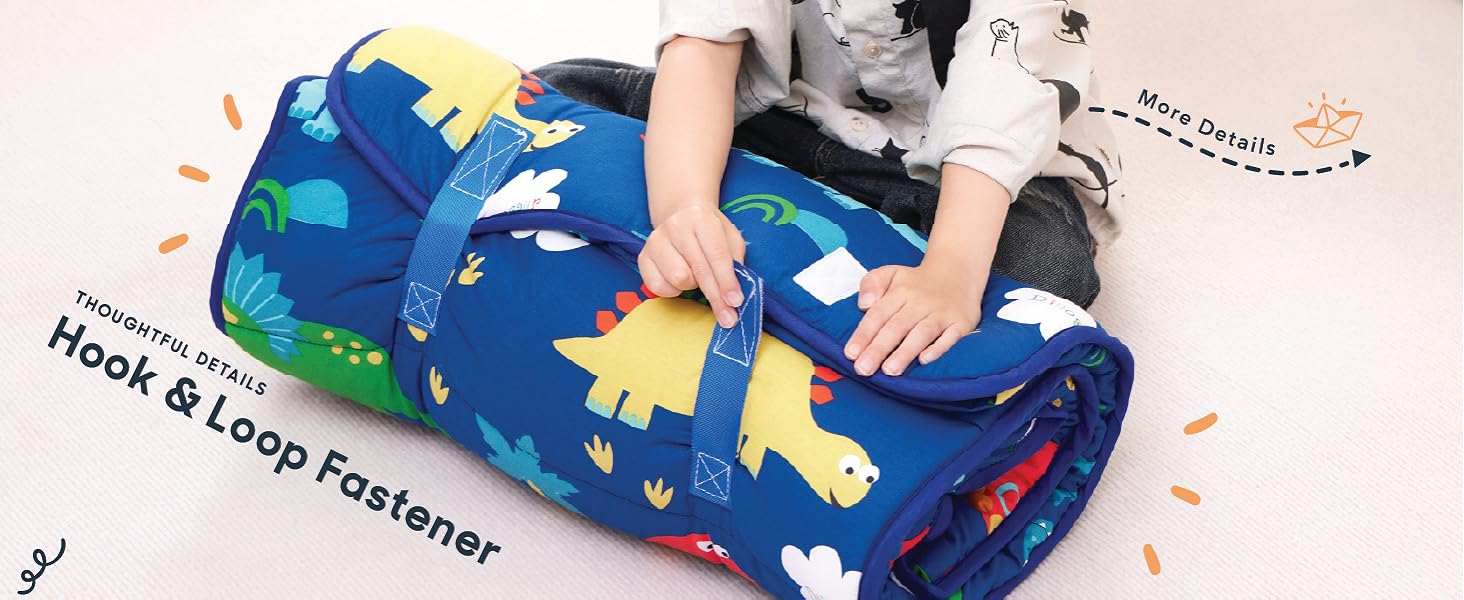 Children can roll up the rest pad in a breeze transforming the sleep mat into portable bedding