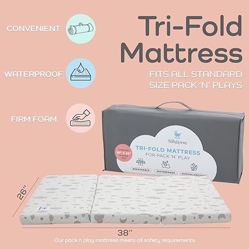 Waterproof Pack and Play Mattress Topper | 38' x 26' x 1.5' | Trifold Style - Breathable Soft Plush Foam - Portable Mattress Topper- Baby Foam Mattresses for Babies - Jamouz