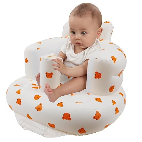 Inflatable Baby Seat for Babies 3 Months and Up, Toddler Floor Seats for Sitting Up, Built in Air Pump Baby Seats for Kids, Blow Up Baby Chair with Back Support - Cute Bear - Jamouz