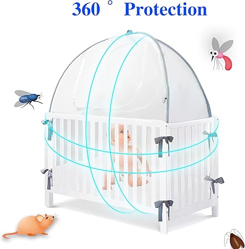 Baby Crib Tent Safety Net, Durable Strong Self-Locking Zippers, Protects from Climbing Out and, Insects, Mosquitoes, Installs with Rods (Crib 52.25' - 28.25') - Jamouz