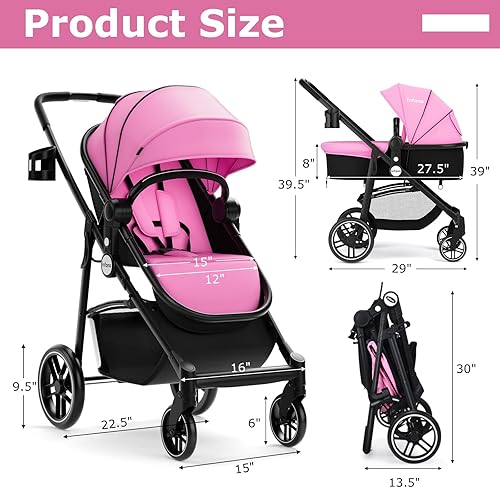 INFANS 2 in 1 Baby Stroller, High Landscape Infant Stroller & Reversible Bassinet Pram, Foldable Pushchair with Adjustable Canopy, Cup Holder, Storage Basket, Suspension Wheels (Grey) - Jamouz